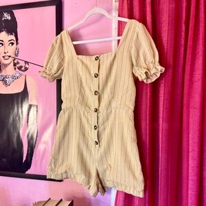 Francesca’s Sugar Cookie Yellow Striped Romper Button Down Jumpsuit Womens Large